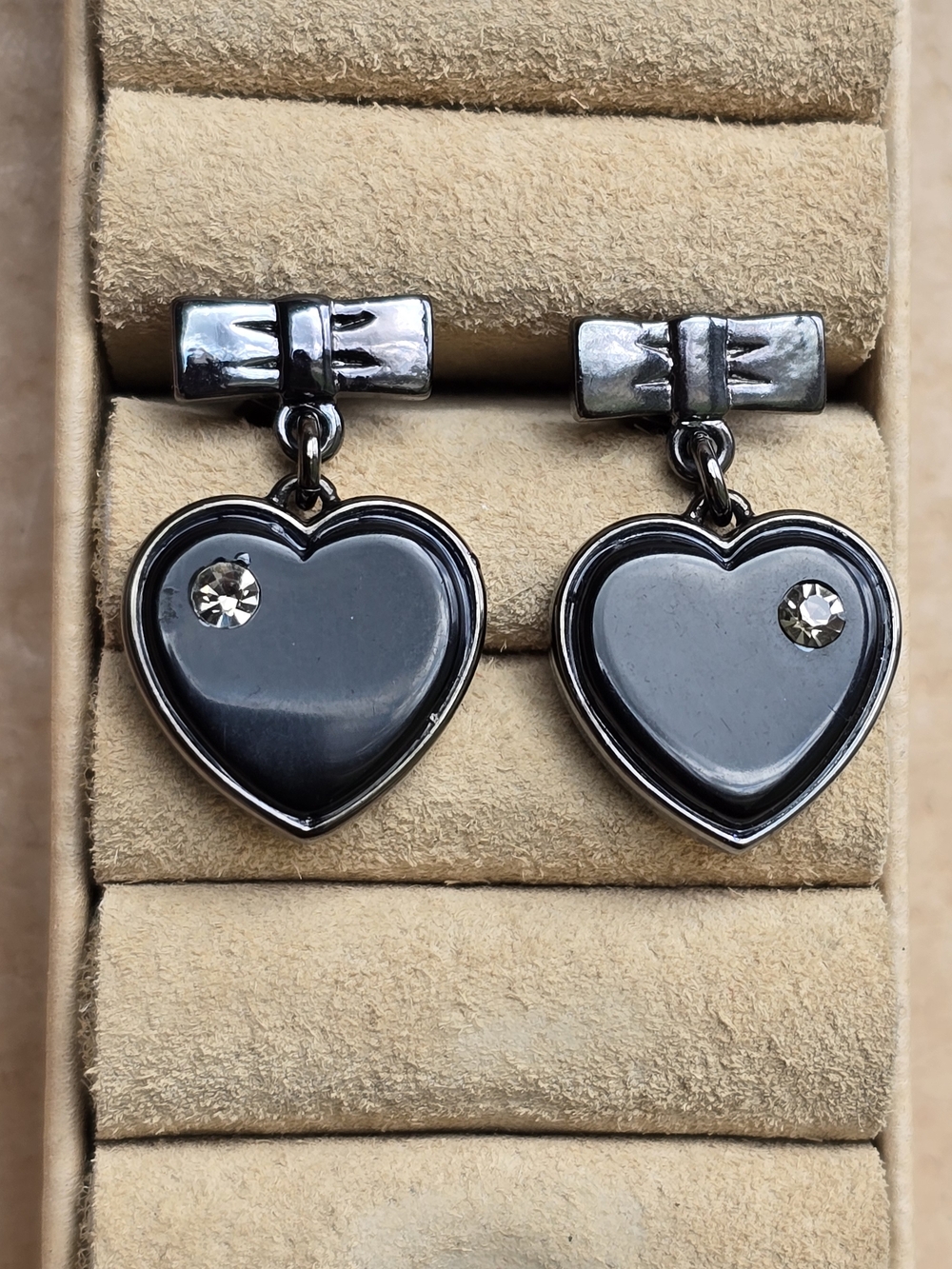 Marc Jacobs Gunmetal Bow And Heart Drop Earrings With Swarovski Crystal Accents